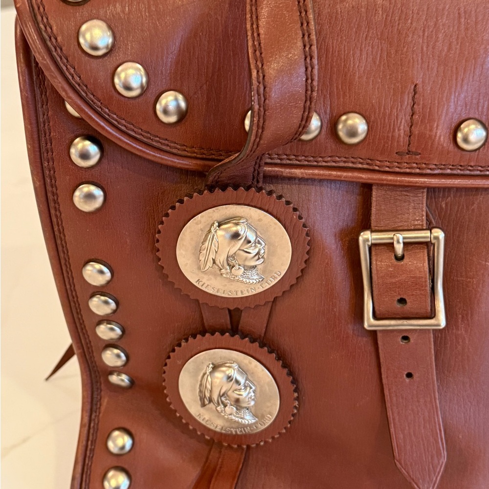 Vintage Kieselstein-Cord Leather Studded bag w/ silver Native American Medallion - Picture 3 of 11